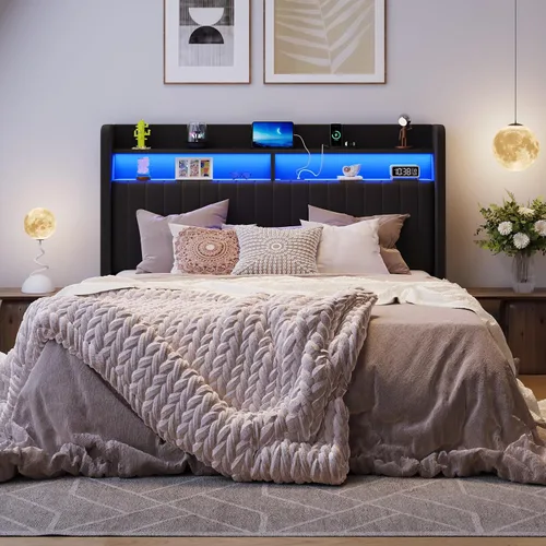 Vista 8 de SHA CERLIN - Estructura de cama de tamaño matrimonial con almacenamiento elevado/Luces LED/Estación de carga/Cabecero con estantes de 2 niveles/USB