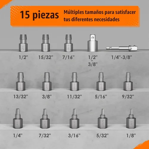 Vista 2 de Juego de extractor de tornillos de 15 piezas, 3/8 pulgadas, multilínea de 3/8 pulgadas, kit extractor de pernos fácil de sacar, herramienta