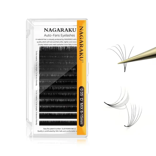 Vista 9 de NAGARAKU Easy Fan - Extensiones de pestañas prefabricadas en abanico de 3 capas, pestañas autoflorecientes de mega volumen, pestañas automáticas