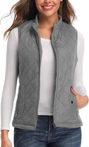 Vista 16 de LONGKING Chaleco de mujer, cuello alto, ligero, con cremallera, acolchado para mujer Rosa albaricoque