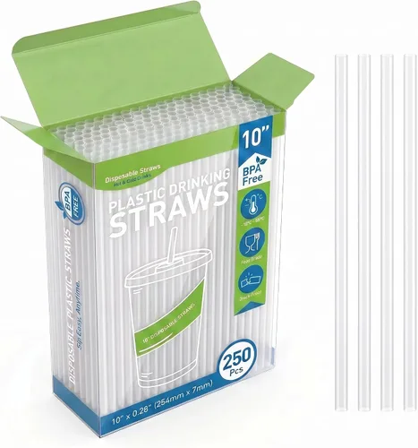 Vista 11 de 250 popotes desechables de plástico para beber, 10 x 0.28 pulgadas de largo, pajitas rectas de polipropileno resistentes sin BPA de grado