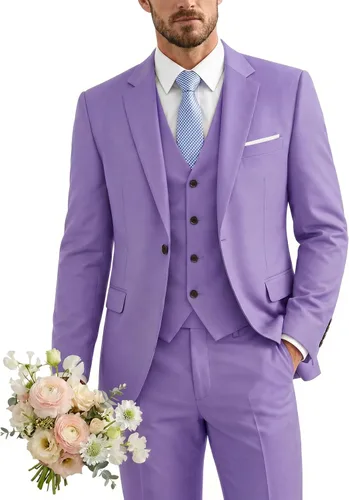 Vista 43 de Traje de 3 piezas para hombre con corbata, chaleco sólido de un botón y beige (529-beige)