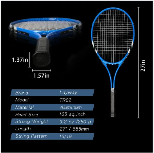 Vista 3 de Raquetas de tenis para 2 jugadores recreativas para principiantes, juego de raquetas adultas ligeras preencordadas de 27 pulgadas para mujeres