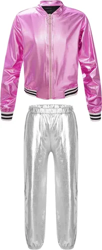 Vista 3 de TiaoBug Kids Boys Girls Jazz Hip Hop Dance Costumes Shiny Metallic Long Sleeves Bomber Jacket and Pants Set Dancewear