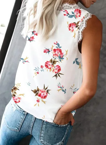Vista 100 de VIISHOW - Camiseta sin mangas, sexy, con cuello en V y bordes de encaje para mujer, camisola de vestir, camisas de gasa, sin mangas, casuales