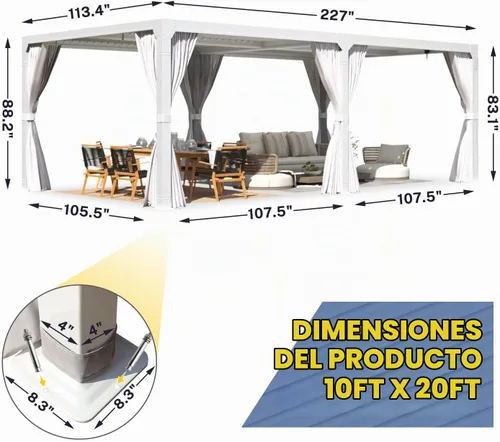 Vista 6 de MELLCOM Pérgola con listones de 10x20 con techo ajustable con cortinas y Blanco