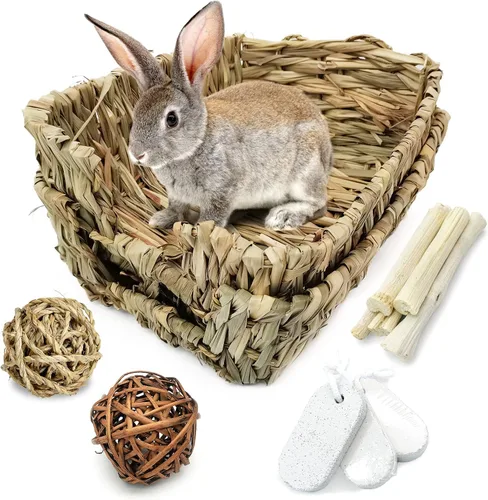 Vista 8 de Hamiledyi Cama de hierba de conejo para conejo, 21 piezas de juguetes masticables de conejo para moler dientes, palo de bambú dulce, bola de hierba