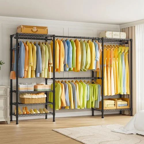 Vista 9 de SEMHOR E06 - Perchero extensible resistente para armario vertical, estantes de ropa independientes con estantes, sistema organizador de armario