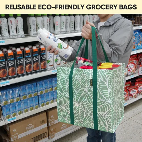 Vista 6 de BALEINE Paquete de 2 bolsas de comestibles reutilizables con parte inferior reforzada, bolsas plegables resistentes (follaje antiguo)