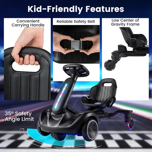 Vista 5 de GLACER Go Kart a la deriva de 6V con giro de 360°, asiento ajustable de 2 Negro