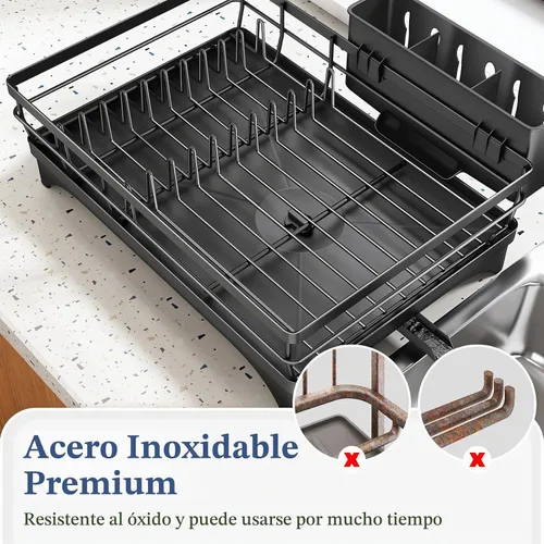 Vista 6 de SNTD Escurridor de platos para encimera de cocina - Escurridor grande con bandeja de drenaje, escurridor de platos a prueba de óxido con soporte