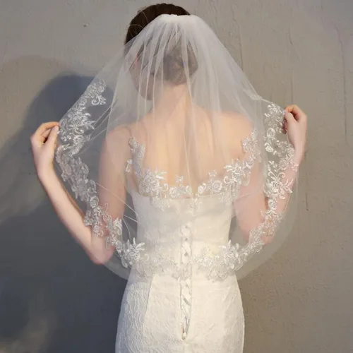 Vista 2 de Velo de novia para mujer, simple de tul, corto de 2 niveles, velo de boda, accesorios para el cabello.