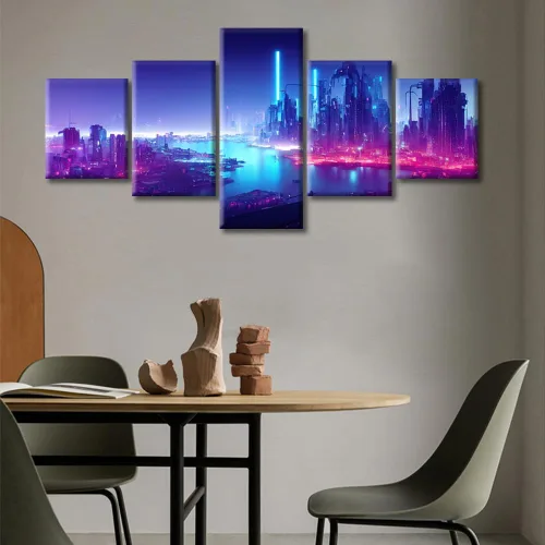 Vista 362 de Cuadros de 5 paneles de Cyberpunk City, arte de pared, representación de vallas publicitarias, edificios modernos en la capital con obras de arte