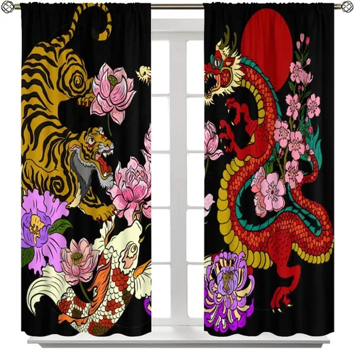 Vista 8 de Cortinas de dragón morado, cortinas opacas de dragón de animales de surf, cortinas de ventana con estampado de olas marinas asiáticas japonesas