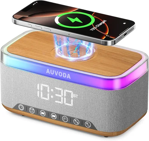 Vista 11 de Altavoz Bluetooth S300, altavoz portátil inalámbrico con carga inalámbrica de 15 W, luz nocturna de 13 colores, alarma, estéreo de 16 W, TWS, BT5.3