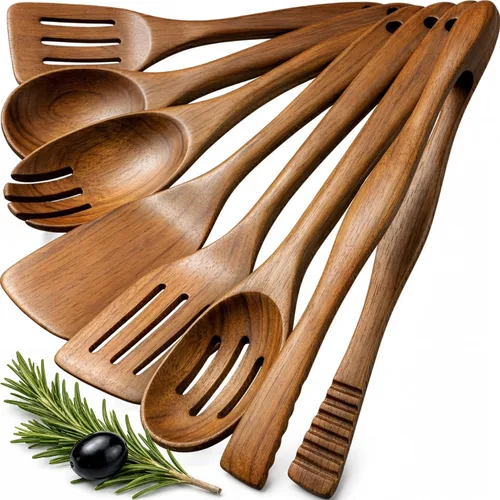 Vista 16 de Zulay Kitchen Juego de 5 cucharas de madera extragrandes - Utensilios de cocina de teca lisa - Cucharón, espátula, espumadera, tenedor, cuchara