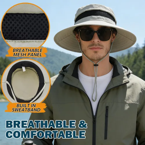 Vista 5 de Sombrero Boonie de ala ancha impermeable UPF 50+ para hombre, protección contra el sol y la lluvia Beige
