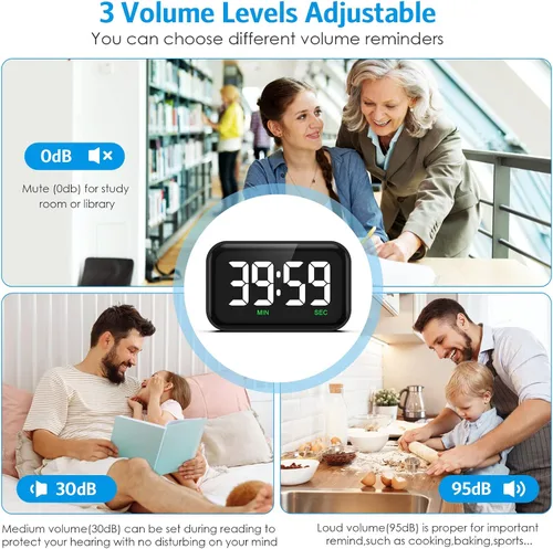Vista 3 de Temporizador digital de cocina, temporizador digital con pantalla LED grande, temporizador magnético para el aula con cuenta regresiva, 3 niveles