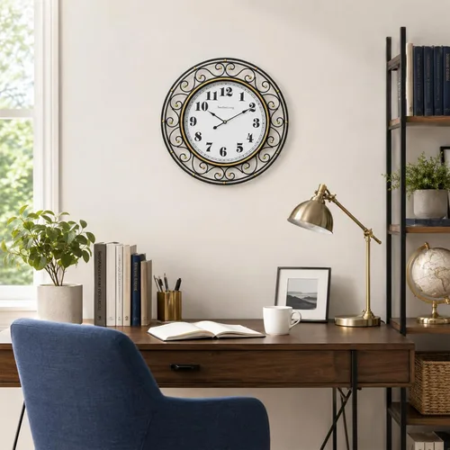 Vista 4 de SwallowLiving 20 Inch Large Metal Wall Clock – Modern Minimalist Decorative Silent Non-Ticking Hanging Clock with Gold Accent Scrollwork Design for