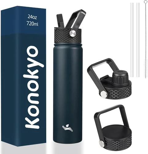 Vista 51 de Konokyo - Botella de agua aislada de 18 onzas, botellas deportivas de acero inoxidable con 3 tapas, verde militar
