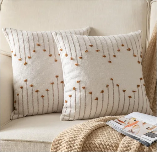 Vista 12 de Fundas de almohada boho de 12 x 20 pulgadas, juego de 2 almohadas decorativas para cama, fundas de almohada neutras color beige con línea negra