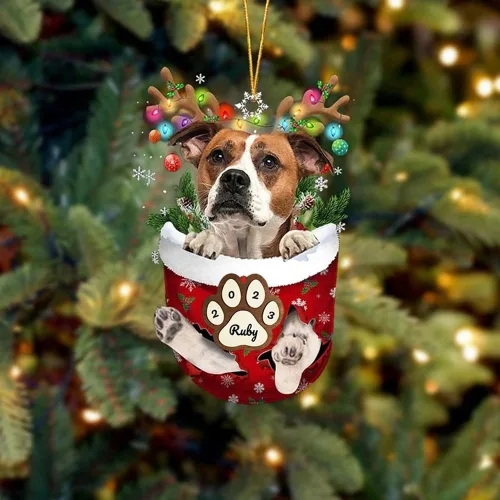 Vista 201 de Adornos personalizados de Pug cervatillo – Decoración personalizada para árbol de Navidad con patas de bolsillo de nieve