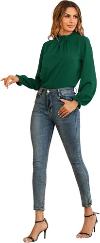 Vista 4 de LYANER Blusa de manga larga con volantes y cuello alto para mujer