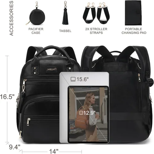 Vista 7 de ROSEGIN Mochila para pañales de cuero vegano de alta calidad con cambiador impermeable, cremalleras reforzadas y sin olor, organizador profesional