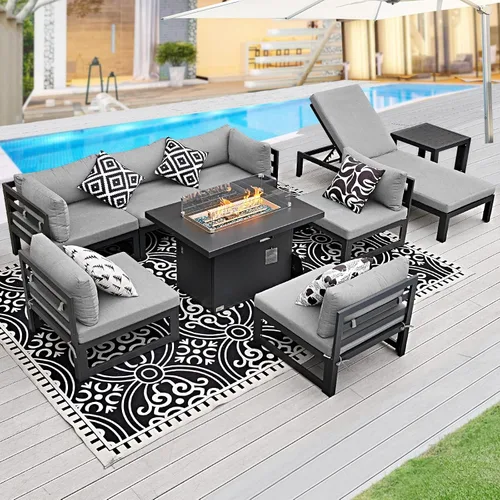 Vista 39 de BULEXYARD - Sofá modular de aluminio para exteriores con mesa para fogata, 7 piezas, color verde azulado