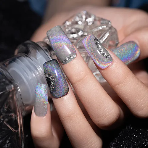 Vista 2 de RARJSM Esmalte de uñas de gel con purpurina holográfica plateada, efecto arcoíris galáctico, universal, sin imán, para secado con lámpara UV o LED
