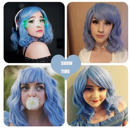 Vista 2 de Pelucas de disfraz de cosplay azul claro de 16 pulgadas para mujer, de 16 pulgadas, con flequillo lateral