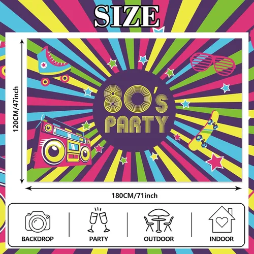Vista 2 de Cartel de fiesta de los años 80, telón de fondo, retroceso de los años 80, I Love 80s, retro, de los 80, decoración temática de los años 80
