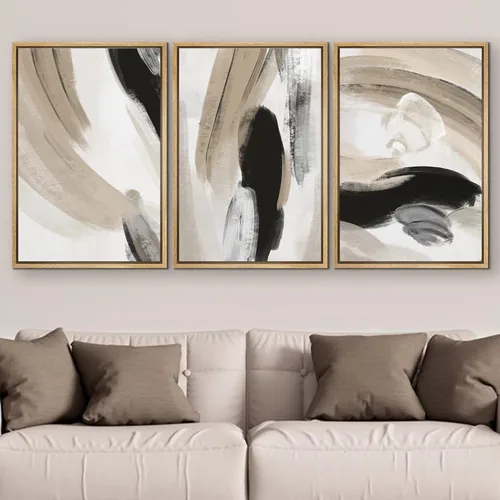 Vista 436 de SIGNFORD - Set de obras de arte en lienzo enmarcado para pared, ilustraciones abstractas de neblina del desierto en tonos neutros beige y marrón