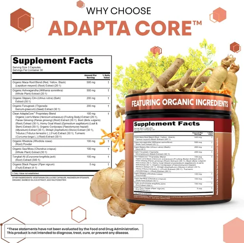Vista 5 de Cápsulas de raíz de maca orgánica Clean Nutra para mujeres + Ashwagandha, corteza de olmo resbaladiza, tongkat ali, rodiola rosea, fenogreco