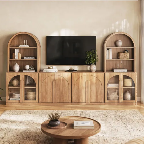 Vista 12 de BELLEZE Centro de entretenimiento modular de 4 piezas con almacenamiento, 2 vitrinas de madera moderna con gabinete arqueado y 2 armarios de puerta