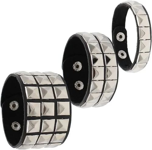 Vista 5 de TURTLEDOVE Punk Leather Bracelet Set - 3PCS Goth Leather Wristband with Metal Studded - Cuff Bangle for Men Women Rojo