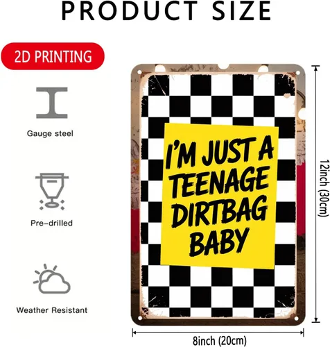 Vista 4 de Letrero de hojalata con la leyenda "I'm Just a Teenage Dirtbag", diseño retro de los años 90, decoración estética de la habitación para el hogar