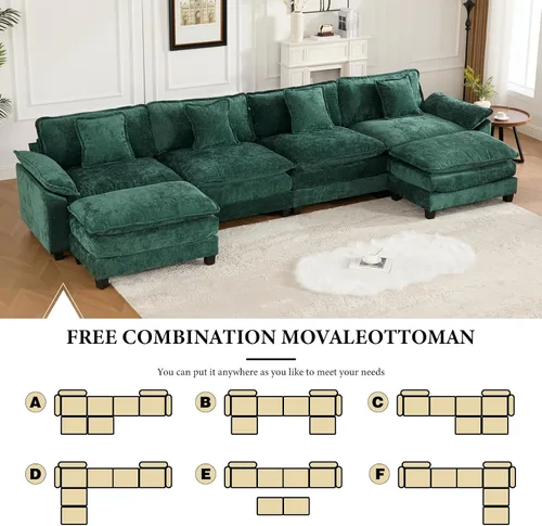 Vista 191 de Sofá seccional modular verde de 111.5", sofás seccionales grandes de 3 plazas para sala de estar, sofá nube oversized de tela chenille con otomana