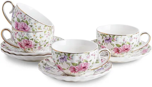 Vista 12 de Agyiuns Taza de té y platillos, tazas de té floral de 6.4 onzas con borde dorado, taza de té de porcelana, tazas de café capuchino espresso con Azul