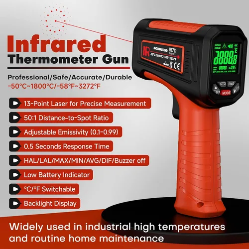 Vista 2 de Pistola de Temperatura Láser Termómetro Infrarrojo 50:1 -58℉~1800℃, Termómetro para Carne, Comida, Pizza, Horno, Parrilla para Accesorios