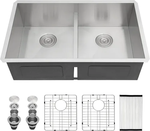 Vista 30 de Sarlai Fregadero de Cocina Dorado Bajo Encimera de 33 Pulgadas Doble Tazón 33 x 19 Pulgadas Bajo Dividido Dorado Estación de Trabajo Fregadero Doble