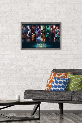 Vista 2 de League of Legends - Póster de pared de campeones, 22.4 pulgadas de largo x 14.7 pulgadas de ancho, versión enmarcada de madera de granero