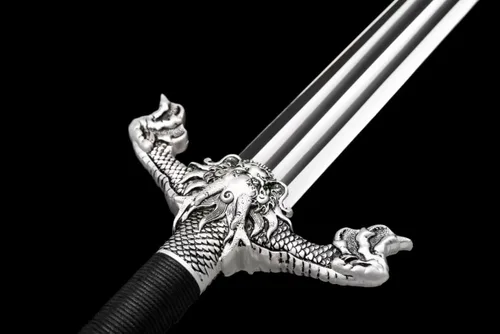 Vista 5 de Espada china, espadas de dragón volador real (cuchillas de doble ranura de acero forjado de resorte, vaina de PU)