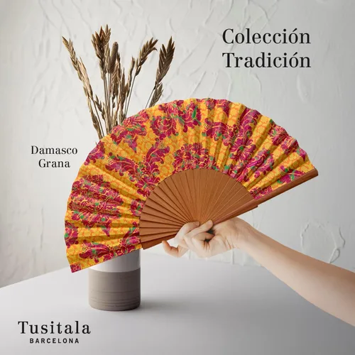 Vista 3 de Spanish Fan Black Bobbin - Madera y Algodón - 9.1 in - Estuche y funda de yute - Accesorio de moda - Hecho a mano en España - Eventos y regalos