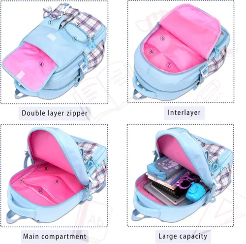 Vista 6 de Roffatide Mochila escolar Kawaii de anime para niñas y niños con 21 accesorios de dibujos animados para estudiantes estéticos para el nuevo