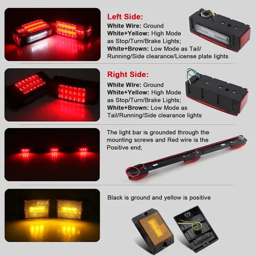 Vista 3 de Kit de luces LED sumergibles para remolque de barco de 12 V, luz LED rectangular de parada de freno y giro con luces de marcador ámbar reflejo