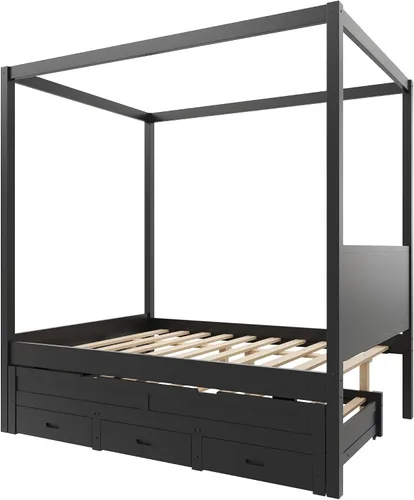 Vista 7 de Wood Canopy Platform Bed Full with Headboard, Trundle and 3 Drawers Negro-8.1