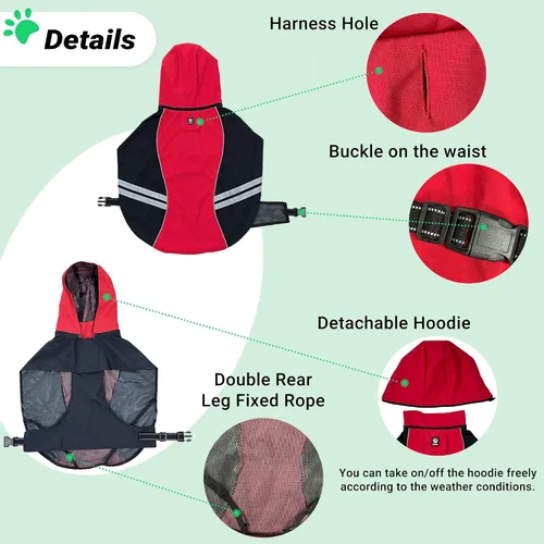 Vista 2 de Impermeable para perros medianos, grandes y extragrandes, chaqueta impermeable con correa reflectante, sudadera ligera, cobertura de cuerpo Rojo