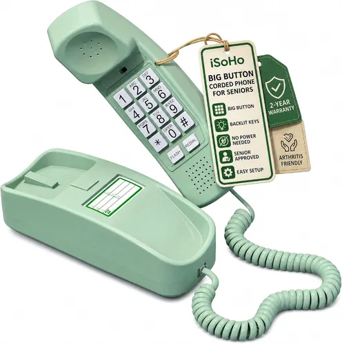 Vista 10 de iSoHo - Teléfono con cable de botón grande para personas mayores, teléfono fijo fácil de usar con teclado iluminado, auricular ergonómico y sin Negro