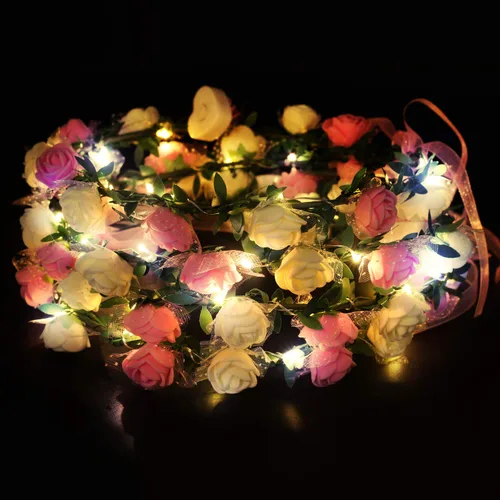Vista 5 de Novelty Place Paquete de 4 diademas de flores iluminadas, corona de cabeza floral LED para bodas, festivales y fiestas, 4 piezas